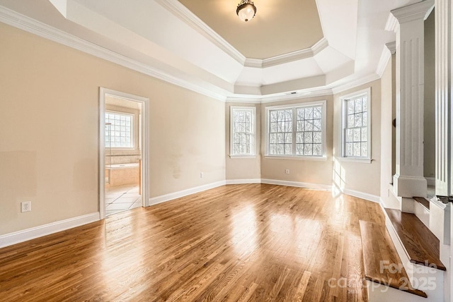 empty room with ornamental molding, light wood-type flooring, and a raised ceiling