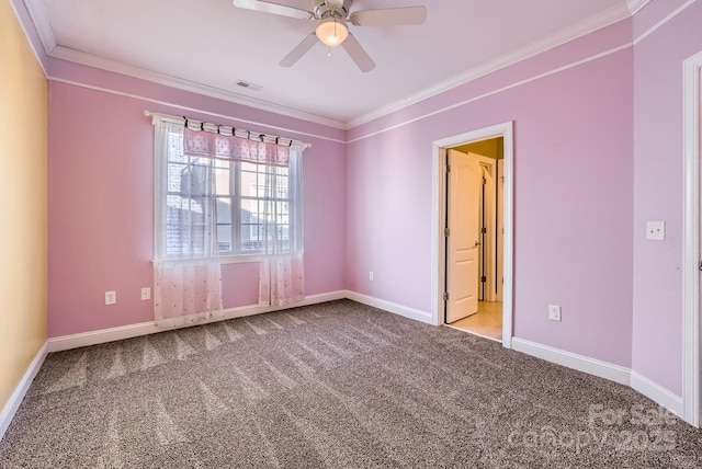 unfurnished room featuring ceiling fan, light carpet, and crown molding