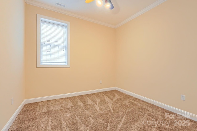 empty room featuring crown molding and carpet flooring