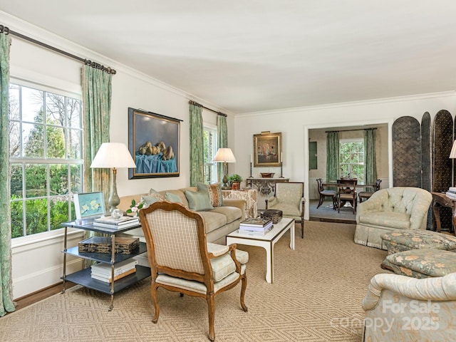 living area featuring crown molding, wood finished floors, a healthy amount of sunlight, and baseboards