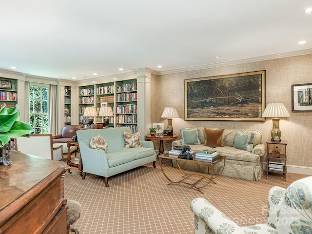 living area featuring wallpapered walls, baseboards, crown molding, and recessed lighting