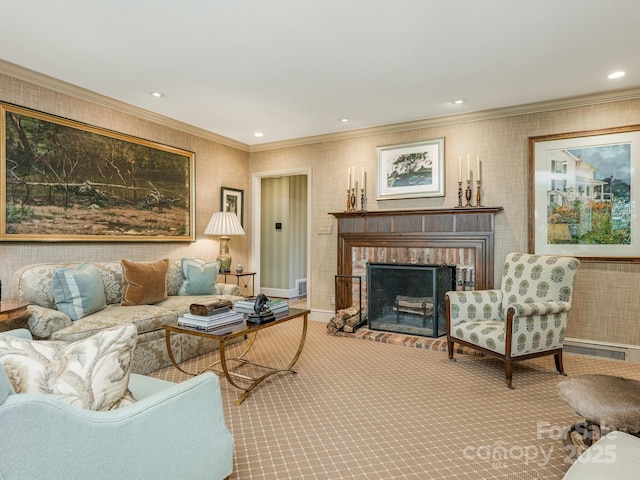 living area featuring recessed lighting, a fireplace, carpet flooring, visible vents, and ornamental molding