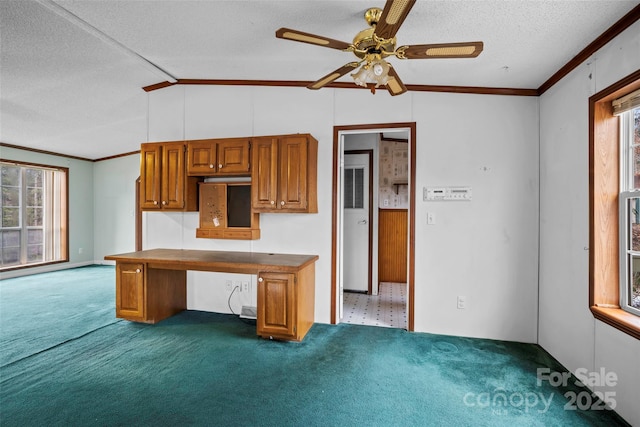 kitchen featuring lofted ceiling, crown molding, a textured ceiling, ceiling fan, and carpet