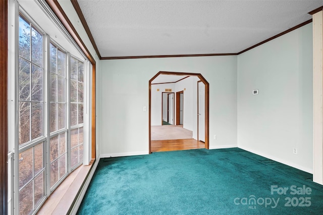 carpeted empty room featuring crown molding and a textured ceiling