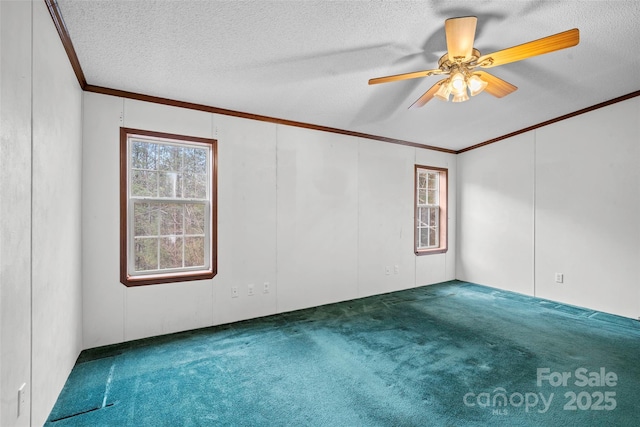 empty room featuring crown molding, carpet floors, ceiling fan, and a textured ceiling