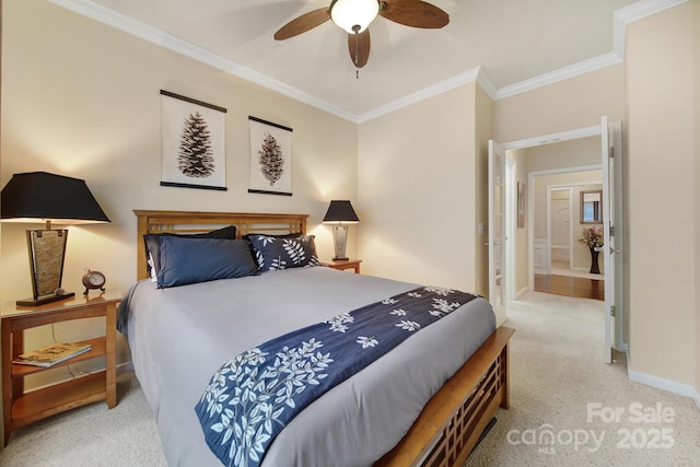 bedroom with ceiling fan and ornamental molding