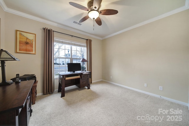 carpeted office with ornamental molding and ceiling fan