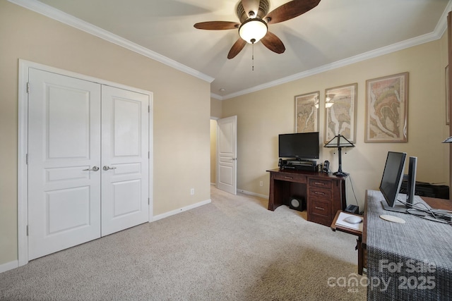 office featuring ornamental molding, light colored carpet, and ceiling fan