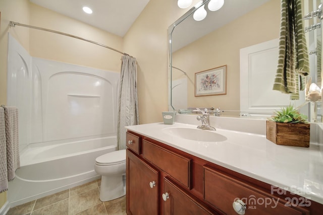 full bathroom with vanity, shower / bath combination with curtain, tile patterned floors, and toilet