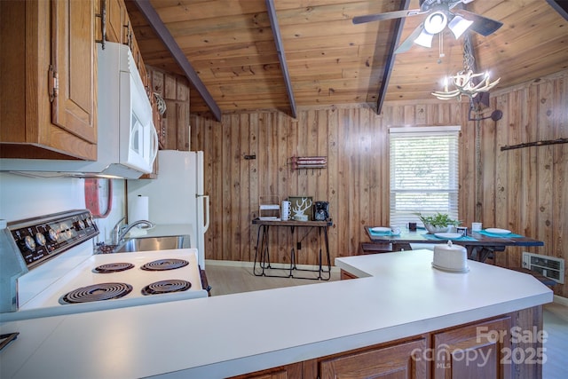 kitchen featuring light hardwood / wood-style floors, vaulted ceiling with beams, wooden walls, white appliances, and wood ceiling