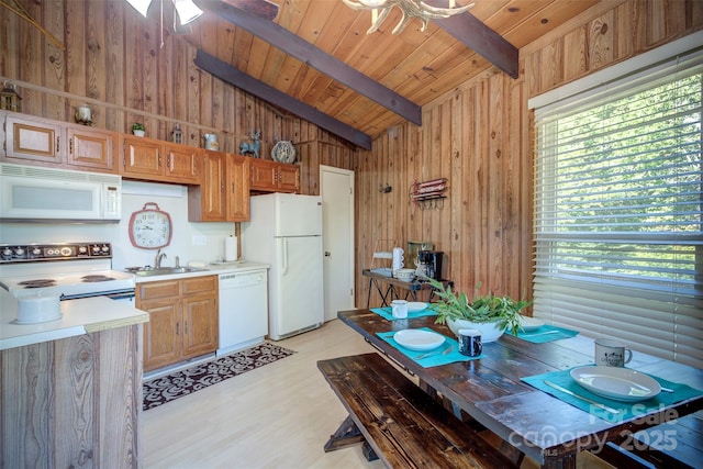 kitchen with vaulted ceiling with beams, wooden walls, white appliances, and wooden ceiling