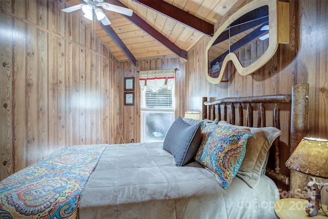 bedroom with ceiling fan, vaulted ceiling with beams, wooden walls, and wooden ceiling