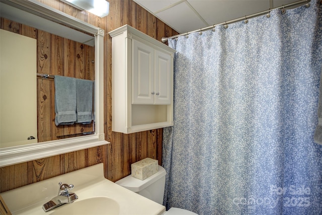 bathroom with sink, toilet, and wooden walls