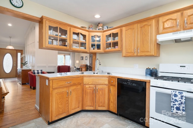 kitchen featuring sink, crown molding, white gas range oven, dishwasher, and kitchen peninsula