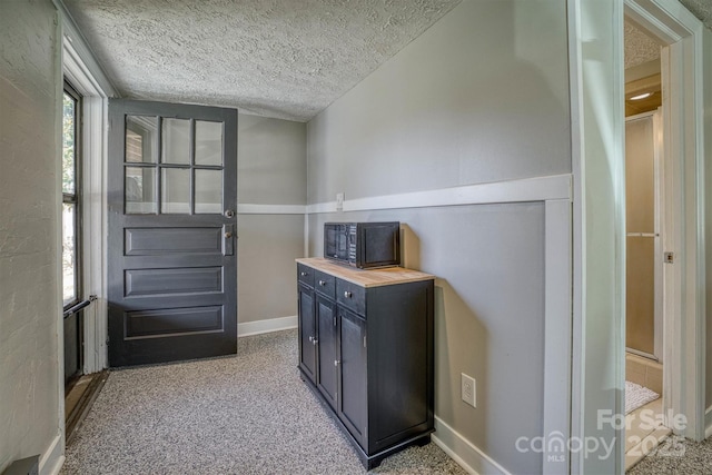 interior space featuring light colored carpet and a textured ceiling