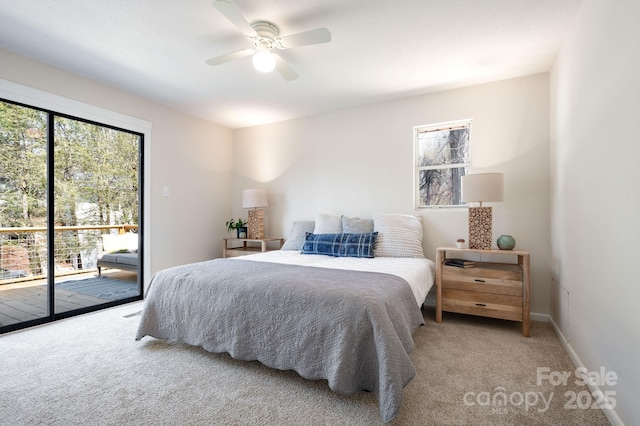 bedroom featuring baseboards, access to outside, a ceiling fan, and light carpet