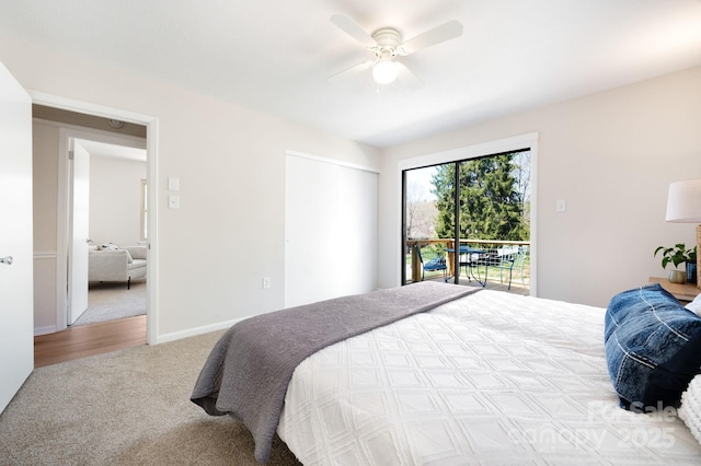 bedroom with baseboards, ceiling fan, and carpet floors