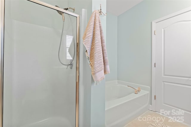 bathroom with tile patterned flooring and plus walk in shower