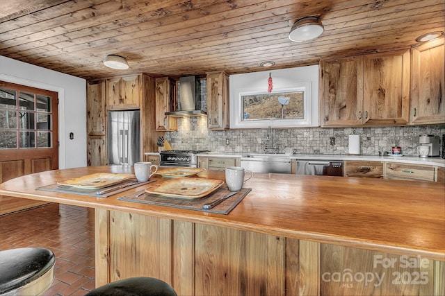 kitchen featuring high quality appliances, sink, backsplash, wooden ceiling, and wall chimney exhaust hood