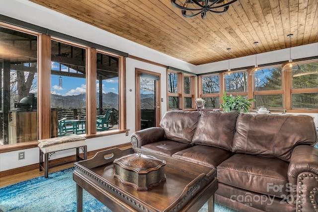 living room featuring wood-type flooring and wooden ceiling