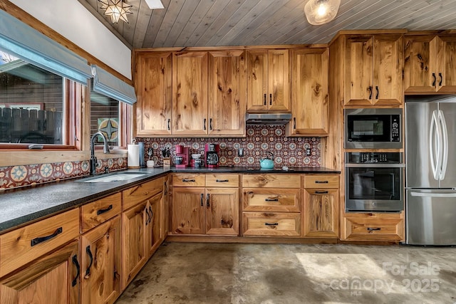 kitchen with stainless steel appliances, sink, wood ceiling, and decorative backsplash