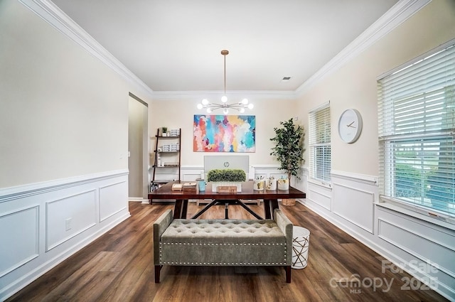 office featuring a chandelier, a wainscoted wall, dark wood finished floors, and crown molding