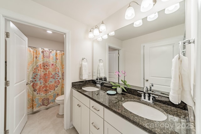 bathroom featuring a shower with curtain, toilet, tile patterned flooring, and vanity