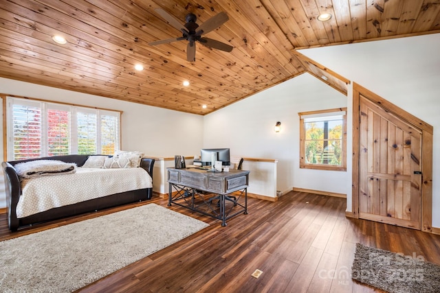 bedroom with hardwood / wood-style flooring, vaulted ceiling, wooden ceiling, and ceiling fan