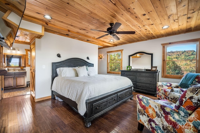 bedroom featuring wood ceiling, ceiling fan, and dark hardwood / wood-style flooring