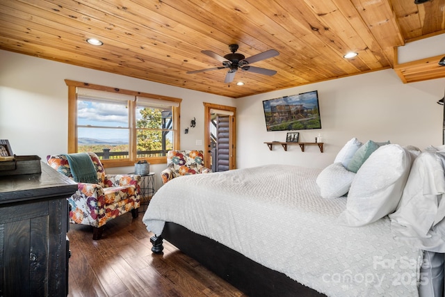 bedroom with dark hardwood / wood-style floors, wooden ceiling, and ceiling fan