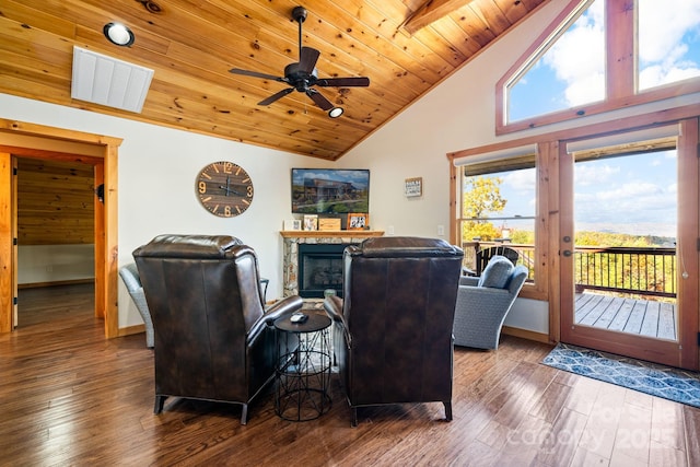 living room with wood ceiling, a fireplace, and hardwood / wood-style flooring