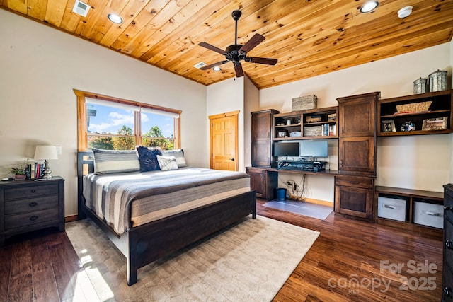 bedroom featuring wood ceiling, ceiling fan, built in desk, and dark wood-type flooring