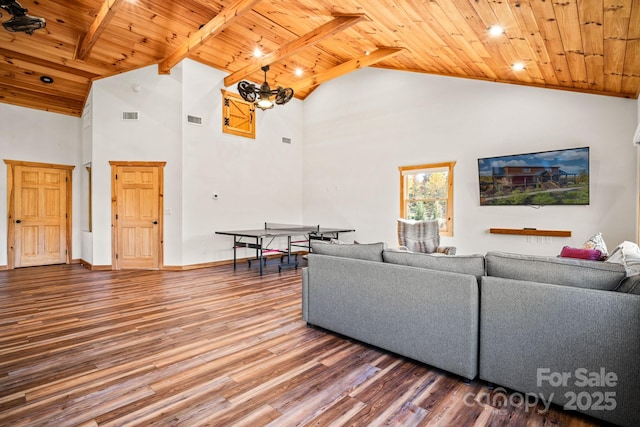 living room featuring wood ceiling, wood-type flooring, an inviting chandelier, and high vaulted ceiling