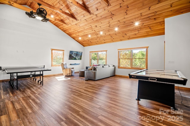 recreation room featuring high vaulted ceiling, wooden ceiling, hardwood / wood-style floors, and beamed ceiling