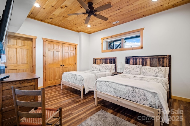 bedroom featuring dark hardwood / wood-style flooring, wooden ceiling, a closet, and ceiling fan