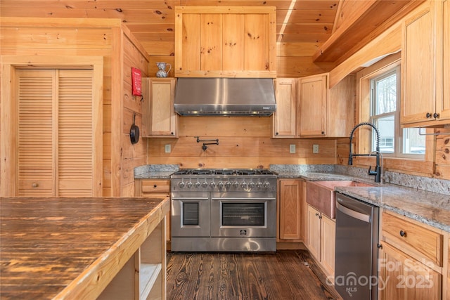 kitchen featuring wall chimney exhaust hood, sink, dark stone counters, dark hardwood / wood-style flooring, and stainless steel appliances