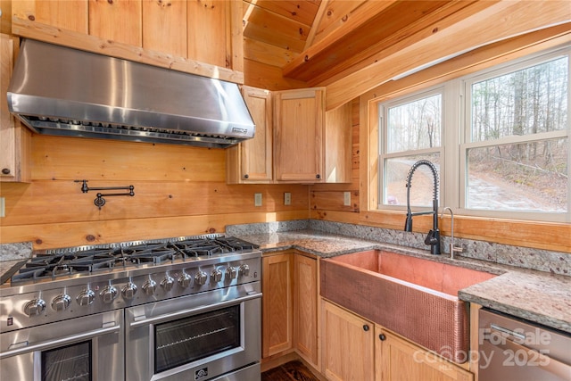 kitchen with sink, appliances with stainless steel finishes, ventilation hood, stone countertops, and wood walls