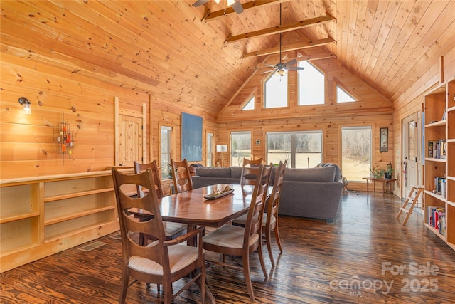 dining space featuring wood ceiling, ceiling fan, wooden walls, and dark wood-type flooring