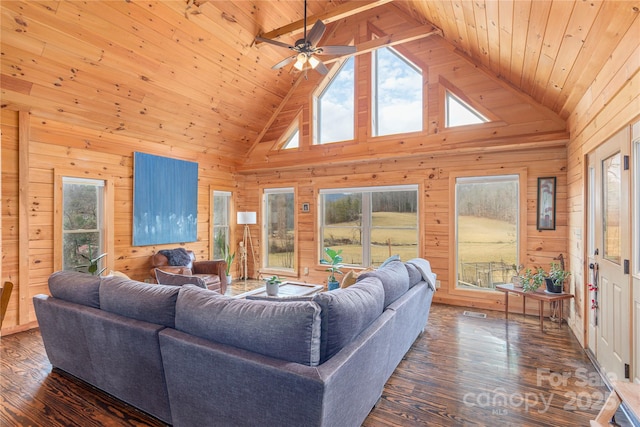 living room with high vaulted ceiling, dark wood-type flooring, wood ceiling, and wooden walls