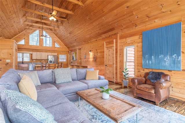 living room featuring high vaulted ceiling, wood walls, hardwood / wood-style flooring, wooden ceiling, and beam ceiling