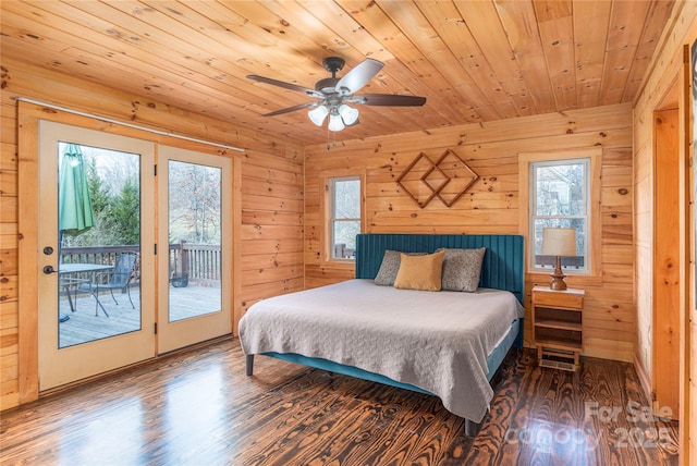 bedroom featuring wooden walls, access to outside, wooden ceiling, and dark hardwood / wood-style flooring