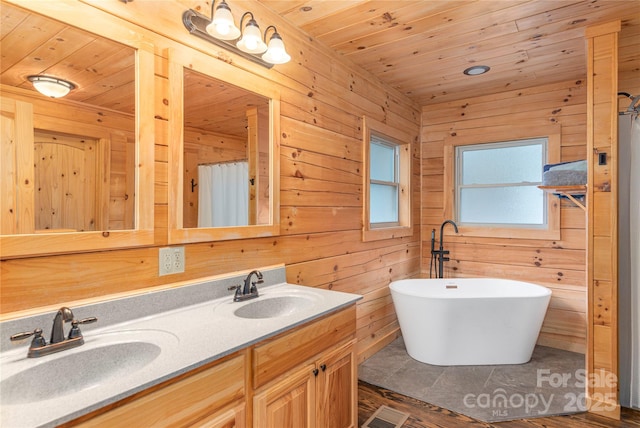 bathroom with vanity, wooden walls, shower with separate bathtub, and wooden ceiling