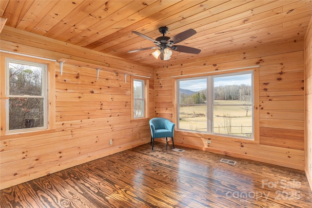 unfurnished room with wood ceiling, ceiling fan, wood-type flooring, and wood walls