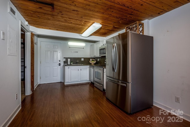 kitchen featuring sink, wooden ceiling, stainless steel appliances, decorative backsplash, and white cabinets