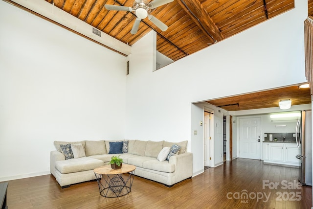 living room with beamed ceiling, ceiling fan, dark wood-type flooring, and wooden ceiling