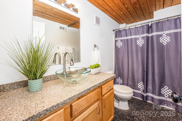 bathroom featuring vanity, walk in shower, wood ceiling, and toilet