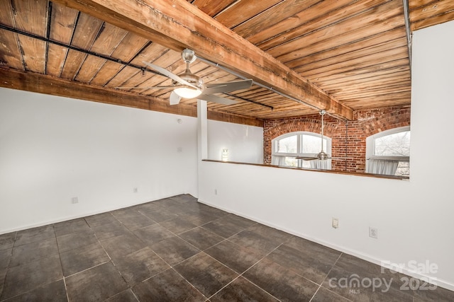 unfurnished room featuring beamed ceiling, brick wall, wood ceiling, and ceiling fan