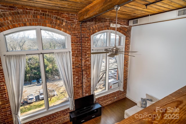 details featuring beamed ceiling, wood-type flooring, cooling unit, ceiling fan, and wood ceiling