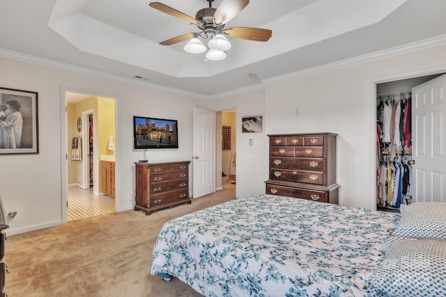 carpeted bedroom with ornamental molding, a tray ceiling, a closet, ceiling fan, and a spacious closet