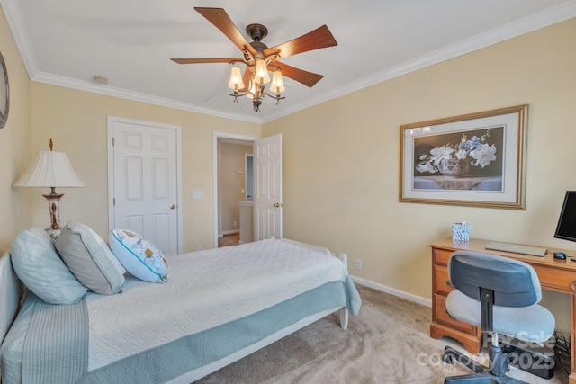 carpeted bedroom with baseboards, ornamental molding, and a ceiling fan